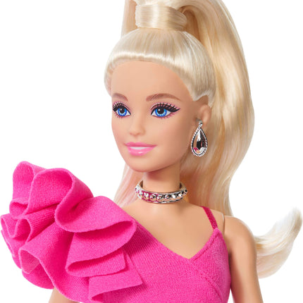 Barbie Deluxe Style Doll #15 in Hot Pink Barbiecore Dress, Blonde High Ponytail, Black Lace Tights, Silver Clutch, and Silver Jewelry, JJN73
