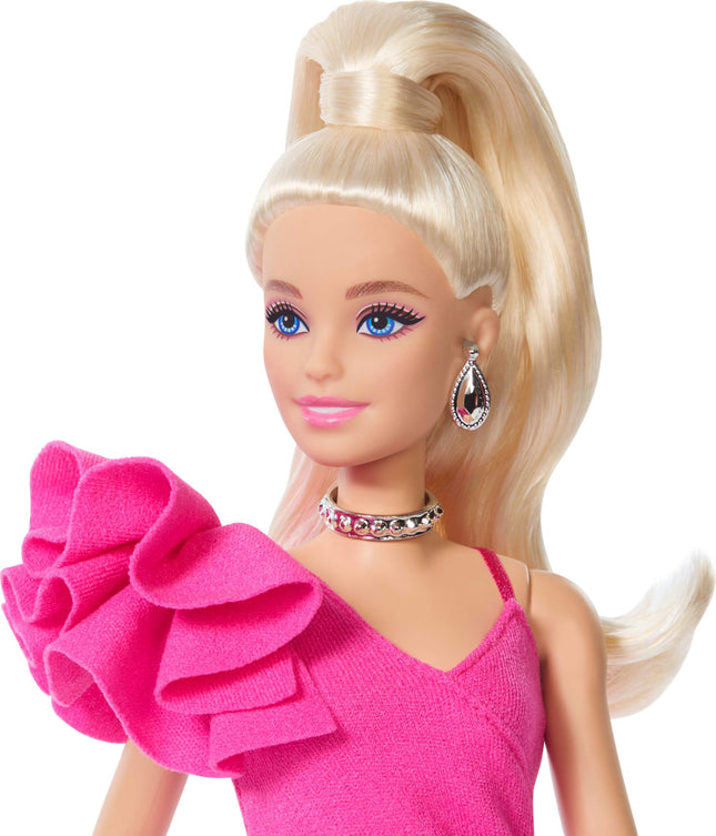 Barbie Deluxe Style Doll #15 in Hot Pink Barbiecore Dress, Blonde High Ponytail, Black Lace Tights, Silver Clutch, and Silver Jewelry, JJN73