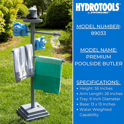 Swimline HYDROTOOLS 89033 Premium Free Standing Poolside Valet Towel Rack Adjustable With Water Weighted Base Three Arms Secure Clips For Outdoors & Indoors Pool Patio Poolside Holder Drying Stand