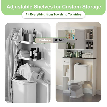 Nivisre Over The Toilet Storage Cabinet with 7 Shelves, Imitation Walnut Grain Above Toilet Bathroom Organizer with Toilet Paper Holder Stand, Space Saver for Restroom, Laundry, Bathroom (White)