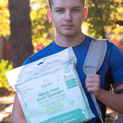 Rinse Free Sponge Bath Wipes (30pack) Extra Large & Thick No Rinse Waterless Body Wipe Sponges Disposable Shower OnTheGo Cleaning Wash Cloths for Kids Adults Elder Care Gym Travel & More (3 Pack)