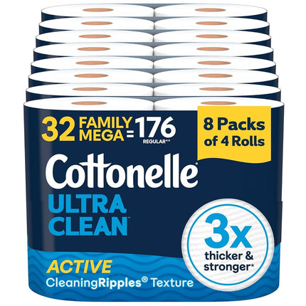 Cottonelle Ultra Clean Toilet Paper with Active CleaningRipples Texture, 32 Family Mega Rolls (32 Family Mega Rolls = 176 Regular Rolls) (8 Packs of 4), 353 Sheets Per Roll, Packaging May Vary