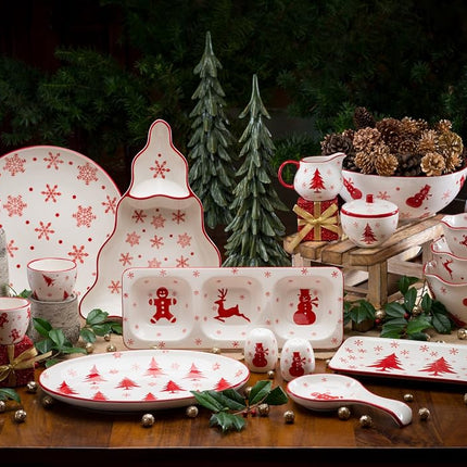 Euro Ceramica Winterfest Collection Festive 3.5" Ceramic Dipping/Sauce Bowls, 4 Piece Set, Assorted Hand-Stamped Holiday Designs, Red & White