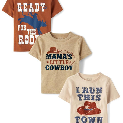 The Children's Place Ensemble de 3 T-shirts graphiques assortis à manches courtes pour bébés garçons et tout-petits, en lots multiples, Run This Town/Mammas Cowboy/Rodeo, 5T