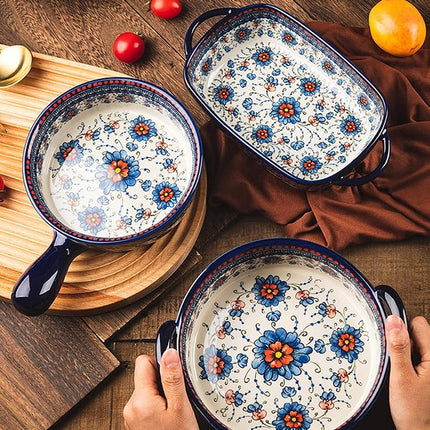 Bicuzat Blue and Orange Flower Vintage Style Ceramic Bakeware Casserole Lasagna Pans Baking Dish with Handles for Oven/Cooking/Kitchen-1 PCS-32 OZ