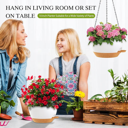 SQKH 10 Inch Hanging Baskets 2 PC with Chains, Self-Watering Hanging Planters for Indoor Outdoor Plants, Plastic Hanging Flower Pots,White Brown