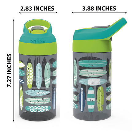 Zak Designs Botella de agua para niños de 473 ml con diseño de tablas de surf y palmeras de Riverside Beach Life, con pajita y asa de transporte integrada, de plástico duradero, diseño a prueba de fugas para viajes, 2 unidades (paquete de 1)