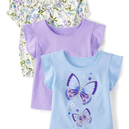 Camiseta de punto casual de manga corta para niñas bebés y niñas pequeñas de The Children's Place, Cool Cobalt Flutter paquete de 3, 12-18 meses
