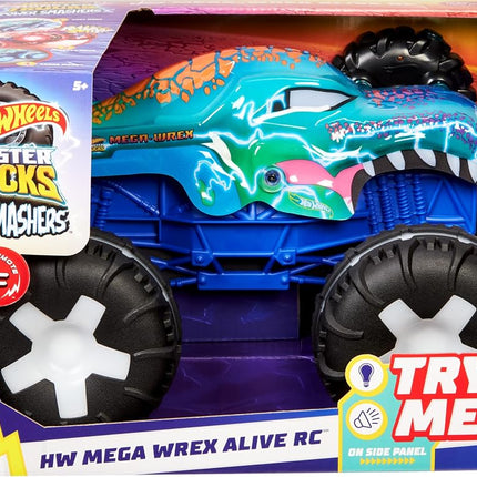 Hot Wheels Toy Truck Monster Trucks RC Oversized Remote Control Mega-Wrex Alive in 1:15 Scale, 3 Game Modes with Interactive Lights & Sounds