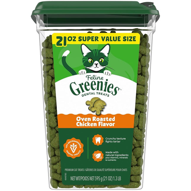 Feline GREENIES Natural Dental Care Cat Treats Oven Roasted Chicken Flavor, 21 oz. Tub