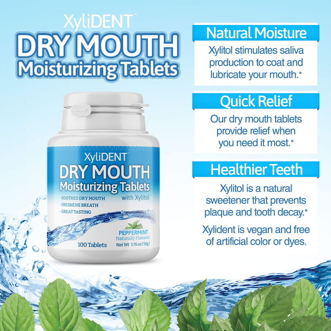 Nature's Stance XyliDENT Xylitol Tablets for Dry Mouth Relief - Stimulates Saliva, Freshens Breath, Reduces Acid Production, Fast Acting Relief, 100 Count (Peppermint)