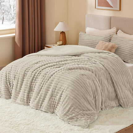 BEDELITE Fleece Queen Comforter Set, Fluffy Bed Set, Linen