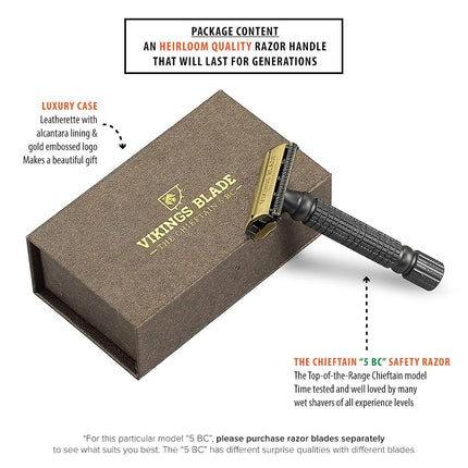 VIKINGS BLADE The Chieftain '5 BC' Double Edge Safety Razor, Raven Black & Vintage Bronze (Brass, Neutrally Aggressive)