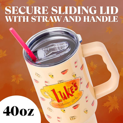Silver Buffalo Gilmore Girls Luke's Diner – Gobelet isotherme en acier inoxydable avec poignée et paille, compatible avec les porte-gobelets standards, 1,18 litre