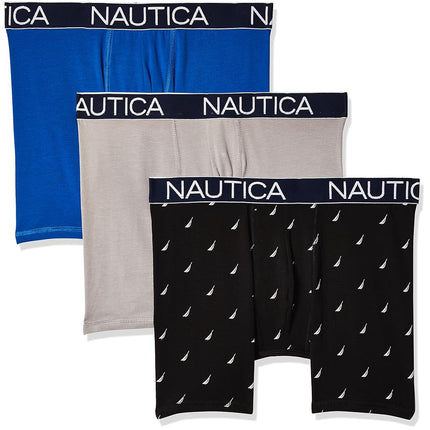 Nautica Men's 3-Pack Classic Cotton Stretch Boxer Briefs, Sea Cobalt/Alloy/Sail Printblack White, M (Pack of 3)