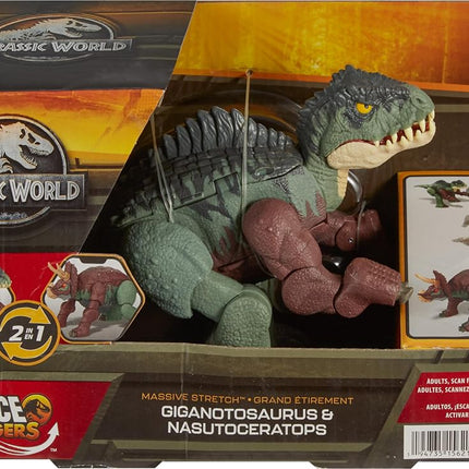 Jurassic World Transforming Dinosaur Toy, Giganotosaurus to Nasutoceratops, Massive Stretch Fierce Changers 16-Step 2 in 1 Figure