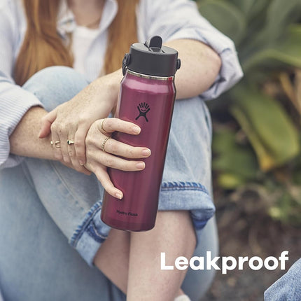 Hydro Flask 32 Oz Lightweight Wide Straw Lid - Insulated Stainless Steel Water Bottle - Hiking, Commuting Garnet Red