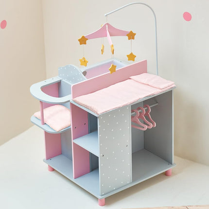 Olivia's Little World 6-in-1 Wooden Baby Doll Changing Station with Crib, Changing Table, High Chair, Double-Door Closet, Sink and Washing Machine, Multicoloured