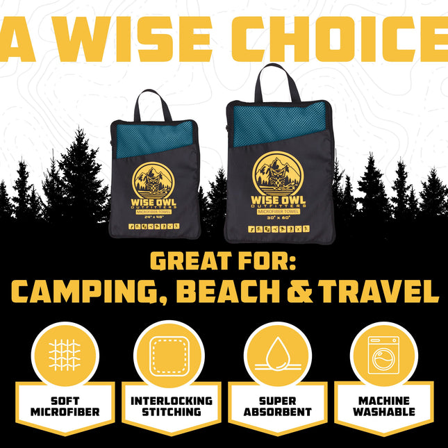 Serviette de camping Wise Owl Outfitters en microfibre ultra douce, compacte et à séchage rapide – Idéale pour le fitness, la randonnée, le yoga, les voyages, le sport, la randonnée pédestre et la gym – Serviette de toilette bonus gratuite 24x48 MB