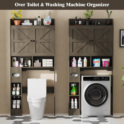Vipbear Freestanding Wooden Over The Toilet Storage Cabinet with 2 Barn Doors, Toilet Paper Holder, Anti-Tip Device & Adjustable Shelf, Ideal for Bathroom, Restroom & Laundry