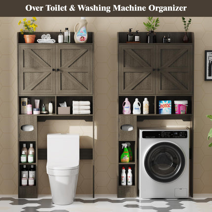 Vipbear Freestanding Wooden Over The Toilet Storage Cabinet with 2 Barn Doors, Toilet Paper Holder, Anti-Tip Device & Adjustable Shelf, Ideal for Bathroom, Restroom & Laundry