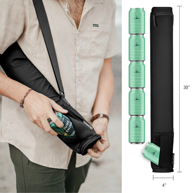 CleverMade Insulated Cooler Beer Tube Sleeve - 6 Cans / 72 oz Midnight/Black Portable Cooling Bag w/Shoulder Strap, Leak Proof Travel Ice Chest