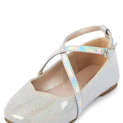 The Children's Place Baby Girls Glitter Cross Strap Ballet Flats, Silver Sparkle, 9 Toddler