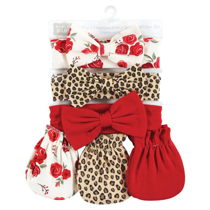 Hudson Baby Baby Girls' Cotton Headband and Scratch Mitten Set, Rose Leopard, 0-6 Months