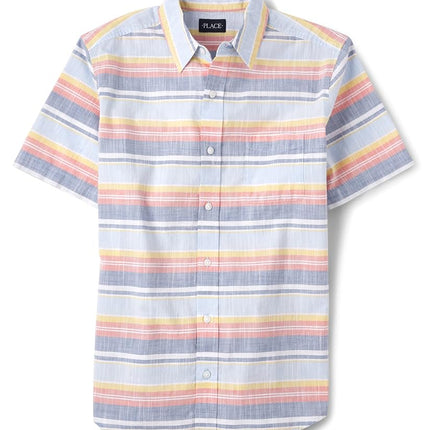 The Children's Place Boys' Short Sleeve Button Down Shirt, Beach Stripe, X-Large
