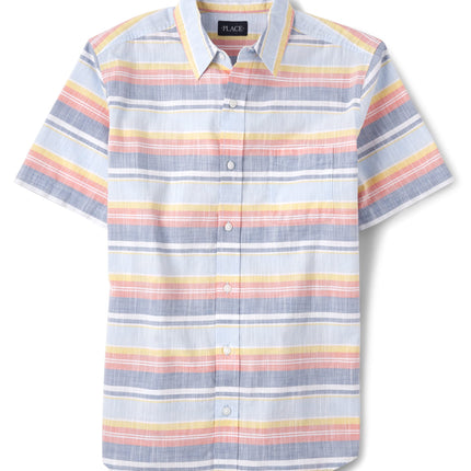 The Children's Place Boys' Short Sleeve Button Down Shirt, Beach Stripe, X-Small