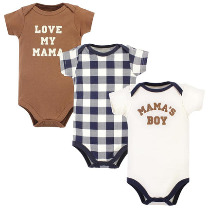 Hudson Baby Unisex Baby Cotton Bodysuits, Brown Navy Mamas Boy 3-Pack, 9-12 Months, Brown Navy Mamas Boy 3-pack, 9-12 Months