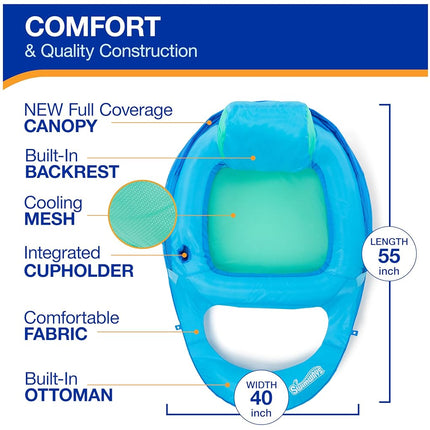 Tumbona de piscina reclinable prémium SwimWays Spring Float con dosel ajustable y válvula Hyper-Flate, azul