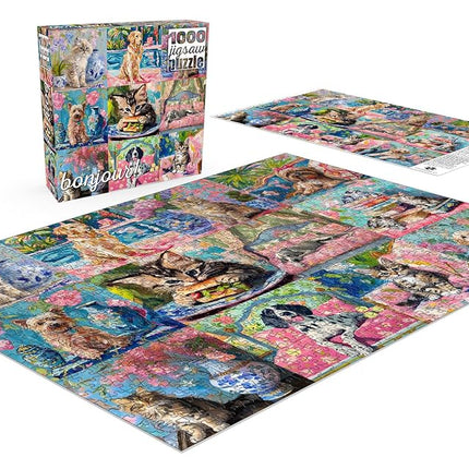 Buffalo Games - Bonjour - Sophie Clima - Cats and Dogs Collage - 1000 Piece Jigsaw Puzzle for Adults - Challenging Puzzle Perfect for Game Nights