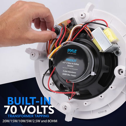 PYLE Ceiling and Wall Mount Speaker - 6.5� 2-Way 70V Audio Stereo Sound Subwoofer Sound, 500 Watts, White
