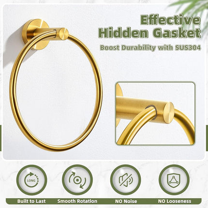 APLusee Hand Towel Ring Brushed Gold, SUS 304 Stainless Steel Round Towel Holder for Contemporary Bathroom Toilet Kitchen Storage, Wall Mounted