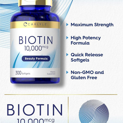 Carlyle Biotin 10000mcg | 300 Softgels | Max Strength | Non-GMO, Gluten Free Supplement | by