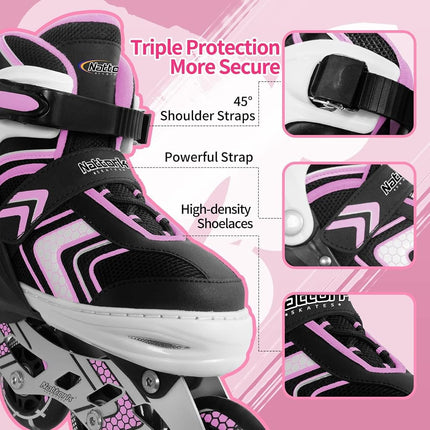 Nattork Inline Skates for Girls and Boys with Full Light up Wheels, Adjustable Beginner Roller Skates for Kids Youth Pink