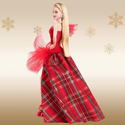 Barbie Signature Doll, 2024 Holiday Barbie Blonde Fashion Doll Wearing Gown with Plaid Skirt, Seasonal Collector Gift in Displayable Packaging, HRM65