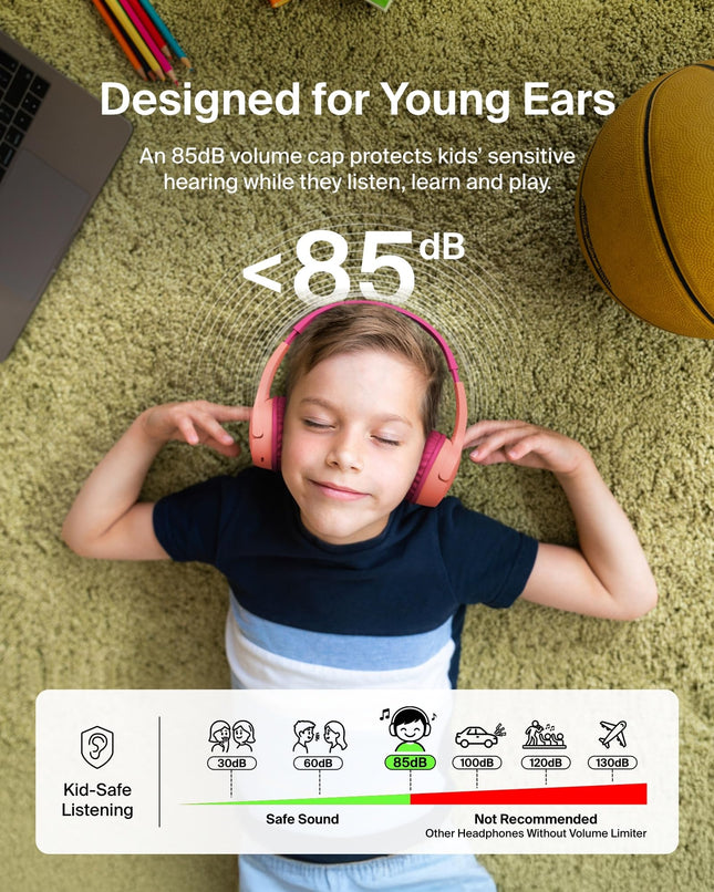 Belkin SoundForm Mini Kids Wireless Headphones w/Built-in Microphone, 30H of Playback Time, Fun Stickers, & Case - Over-Ear Headsets for Online Learning, School, iPhone, iPad, Galaxy, & More - Pink