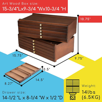 MEEDEN 10-Drawer Art Supply Storage Box - Large Capacity Multi-Function Beech-Wood Pencil Box with Drawer & Compartments for Organizing Pastels, Pencils, Pens, Markers, Brushes & Stamp, Walnut