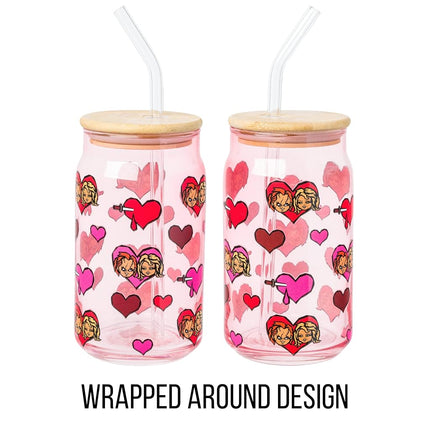 Silver Buffalo Chucky and Tiffany V-Day Heads and Hearts 16oz Glass Tumbler with Bamboo Lid and Glass Straw