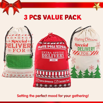 JOYIN 3 PCS Christmas Large Canvas Gift Bag 26" x 19", Drawstring Santa Burlap Sack Reusable Personalized Cloth Pouch for Xmas Presents Package, Party Supplies, Hoilday Decoration, Green&White&Red