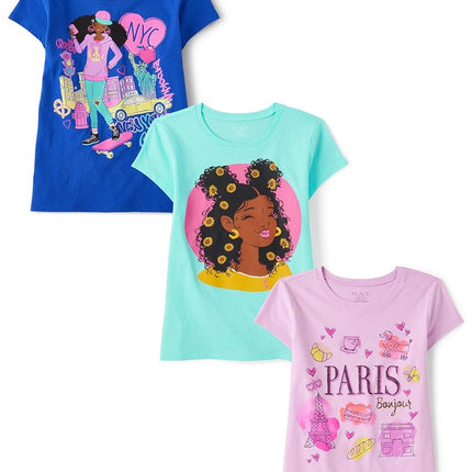 The Children's Place Assorted Everyday Short Sleeve Graphic T-Shirts,multipacks, Paris/NYC/Flower Girl, Large