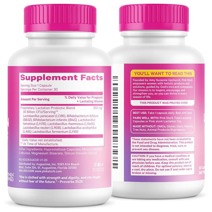 Pink Stork Total Lactation Probiotic: Nursing Probiotic for Women + 10 Billion CFU for Immune Health + Digestion + Gut Health + Breastfeeding + Colic Relief for Newborns, Women-Owned, 30 Capsules