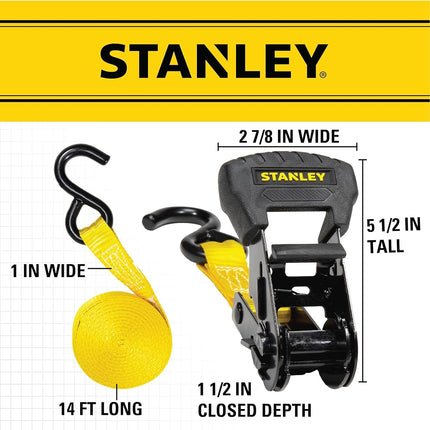 Stanley S1006 Black/Yellow 1" x 14' Ratchet Tie Down Straps - Medium Cargo Securing (3,000 lbs Break Strength), 4 Pack