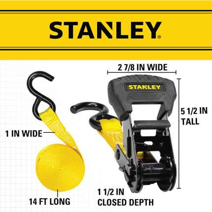 Stanley S1006 Black/Yellow 1" x 14' Ratchet Tie Down Straps - Medium Cargo Securing (3,000 lbs Break Strength), 4 Pack