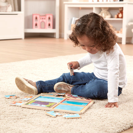 MELARQT Melissa & Doug Jouet en bois en bois naturel : À vos marques, prêts, partez (Quatre puzzles de véhicules de 4 pièces)