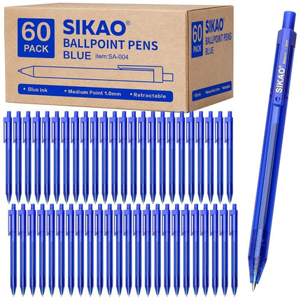 Sikao Blue Pens Bulk, 60 Pack Retractable Ballpoint Pens, Blue Ink 1.0mm Medium Point Smooth Writing No-Smear, Multipack Click Pens for Teachers, Students, Servers, School & Office Supplies