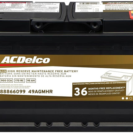 Batterie AGM ACDelco Gold 49AGMHR avec garantie de 36 mois et réserve élevée, groupe BCI 49