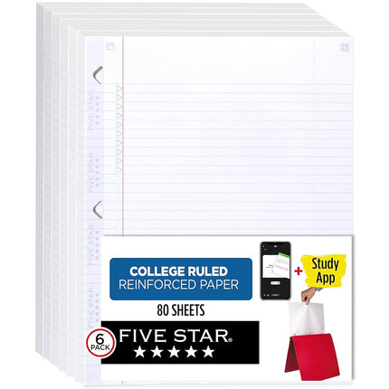 Papel Suelto Five Star + Aplicación de Estudio, Papel para Cuaderno, Rayado Universitario, Reforzado, Evita que la Tinta se Corra, 8.5 x 11, 80 Hojas por Paquete (170025), Blanco, Paquete de 6